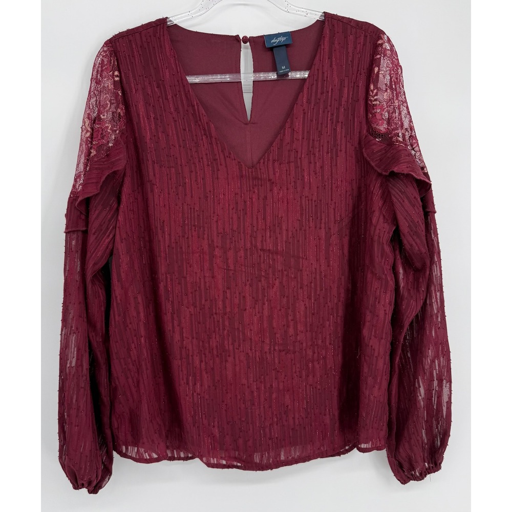 Daytrip Womens Burgundy Lurex Shimmer Lace Ruffle Long Sleeve Blouse Sz M